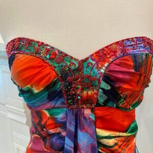 Vintage Formal Dress XS Strapless Y2K Long Maxi Prom Gown Tropical Party Beaded